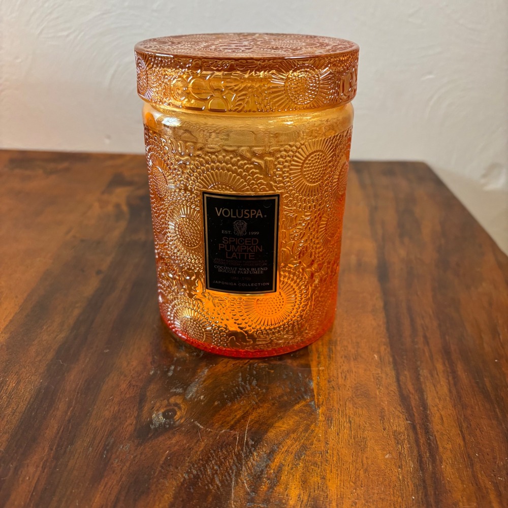 Voluspa Spiced Pumpkin Latte Orange Embossed Glass Jar with Lid 18oz Japonica